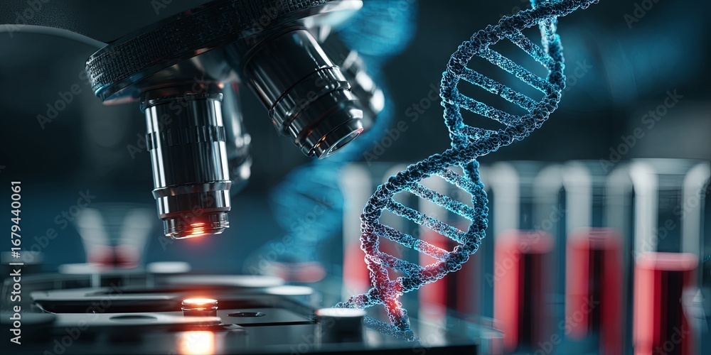 Poster detailed close-up of a microscope analyzing dna structure with test tubes and laboratory equipment