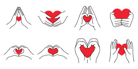 Hand Heart. Love. Gesture. A minimal vector line art icon set of hands forming a heart shape for a Valentine's Day card, a charity's branding, or a social media post about love.