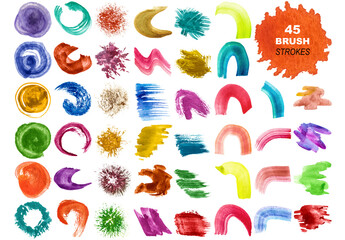 Vector collection of colorful watercolor brush strokes and splatters isolated on white background.