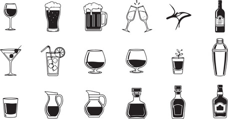 Collection of diverse alcoholic beverage drinks and cocktail glasses in black and white stylized artwork
