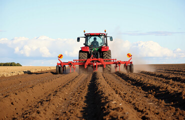 Obraz premium Red tractor tilling soil in vast rural field.