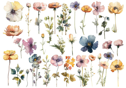 Vector watercolor painted style - flowers clipart isolated on white background.
