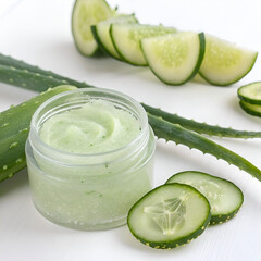 Aloe vera and cucumber scrub cleanser with sliced cucumber.