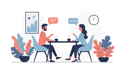Flat illustration of two people having a coffee meeting at a café table, highlighting conversation, networking, and professional or casual discussion in a modern setting