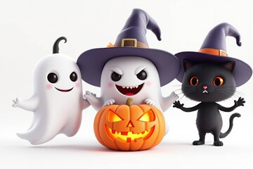 Fantôme mignon 3D cartoon avec chapeau de sorcière, chat noir et citrouille Halloween