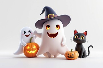 Fantôme mignon 3D cartoon avec chapeau de sorcière, chat noir et citrouille Halloween