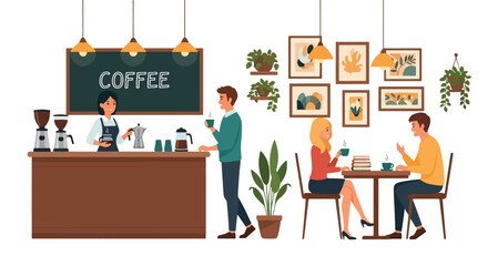 Flat illustration of people drinking coffee and socializing in a cozy café with a barista serving drinks, highlighting relaxation, conversation, and modern coffee shop culture