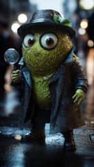 Avocado dressed as a detective, solving a mystery, humorous and creative concept