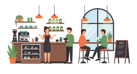 Flat illustration of people enjoying drinks and pastries in a stylish coffee shop with barista service, showcasing social interaction, lifestyle, and modern café culture