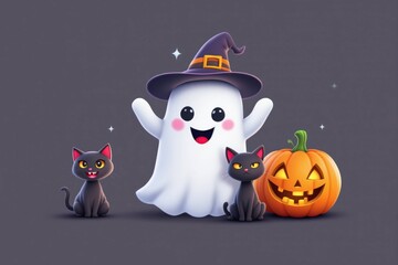 Fantôme mignon 3D cartoon avec chapeau de sorcière, chat noir et citrouille Halloween