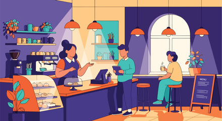 Flat illustration of people enjoying drinks and pastries in a stylish coffee shop with barista service, showcasing social interaction, lifestyle, and modern café culture