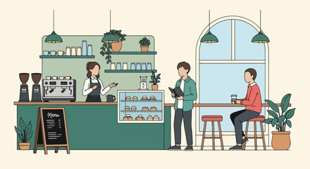 Flat illustration of people enjoying drinks and pastries in a stylish coffee shop with barista service, showcasing social interaction, lifestyle, and modern café culture