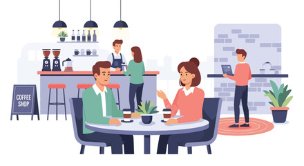 Flat illustration of people enjoying coffee and chatting in a cozy coffee shop with baristas preparing drinks, showcasing social interaction, lifestyle, and modern café culture
