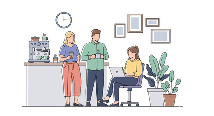 Flat illustration of colleagues talking and working in a modern office coffee corner with a laptop and espresso machine, showing teamwork, networking, and workplace collaboration