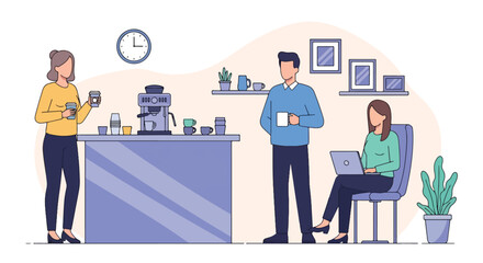 Obraz premium Flat illustration of colleagues talking and working in a modern office coffee corner with a laptop and espresso machine, showing teamwork, networking, and workplace collaboration