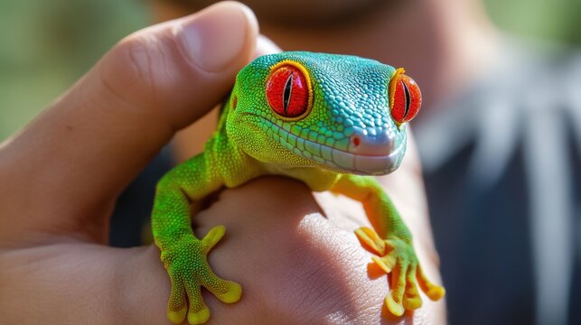 Close-up of a colorful gecko resting on a hand. - Powered by Adobe