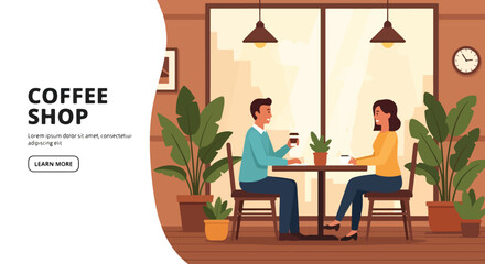 Landing page Flat illustration of a couple enjoying coffee together at a cozy coffee shop table, highlighting conversation, relaxation, and social connection in a modern caf&eacute; interior
