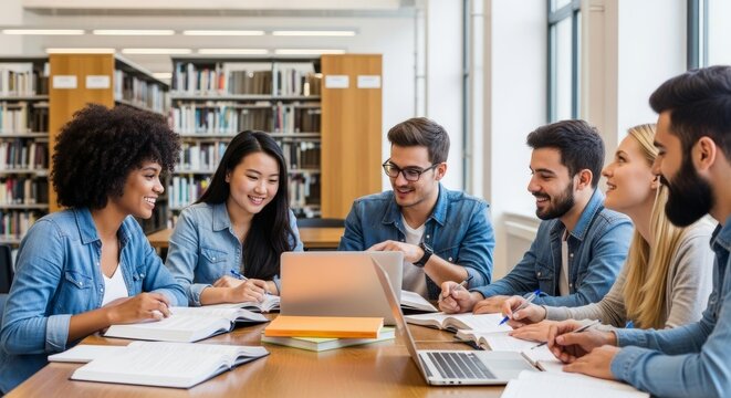Group of diverse students collaborating in a library setting
