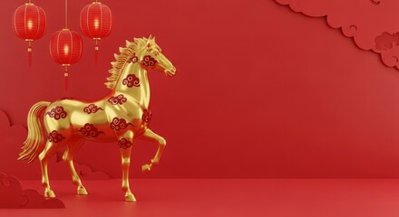 Golden Horse Decoration with Red Lanterns for Chinese New Year