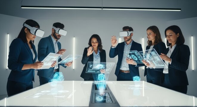 Business people experiencing virtual reality technology in a modern office