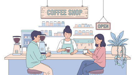 flat style vector illustration of people drinking coffee at a modern coffee shop counter with a barista preparing drinks, highlighting social interaction, lifestyle, and cozy café atmosphere
