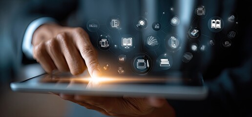 Close-up of hands holding a tablet with digital icons floating above the screen.  A person in a dark suit interacts with the device.  Overlayed icons suggest educational, publishing, or media content