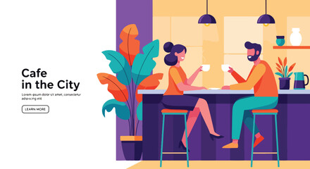 Landing Page Vector art of a couple enjoying coffee together in a modern city café, highlighting relaxation, conversation, and lifestyle in a cozy urban coffee shop setting