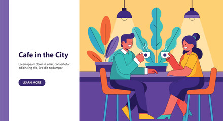 Landing Page Vector art of a couple enjoying coffee together in a modern city café, highlighting relaxation, conversation, and lifestyle in a cozy urban coffee shop setting