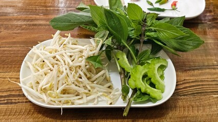 Bean sprouts, bitter melon, basil, fresh vegetables
