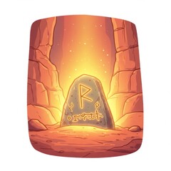 Glowing Rune Stone in Cave with Orange Light and Pixel Art Style
