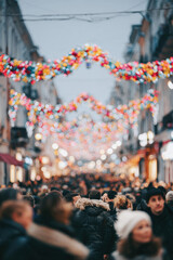 bustling city square adorned with ultrabright virtual garlands illuminating night sky