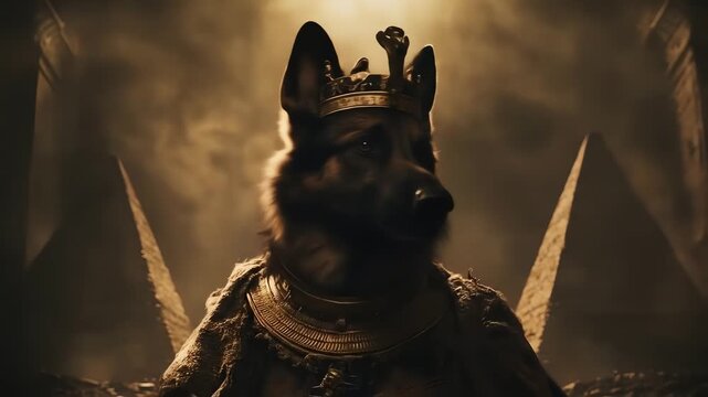 A dog wearing a golden crown and collar in front of pyramids