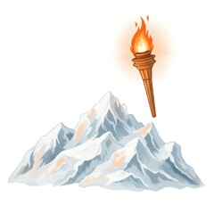 Burning Torch Above a Snow Covered Mountain Peak Against White Background