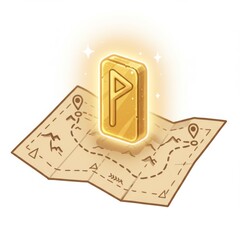 Golden Rune Above Paper Map Showing Path with Destination and Point of Interest Location