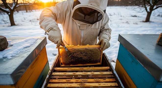 Beekeeper Inspecting Honeycombs in Winter.