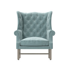 Classic Wingback Armchair, Blue Velvet and Light Wood, Front View 3D Render