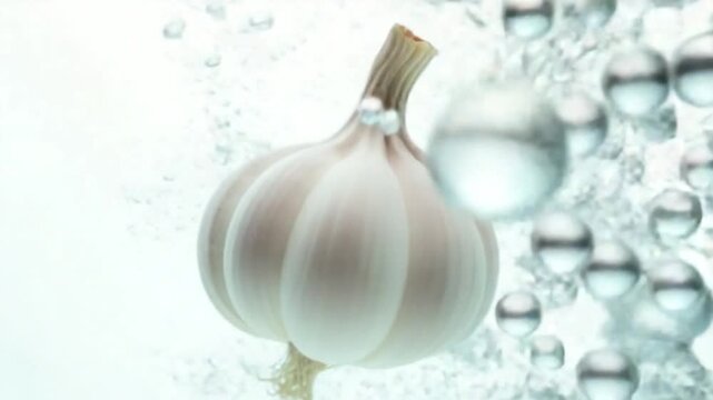 Super slow motion garlic under water with air bubbles on a white background. Filmed on a high-speed camera at 1000 fps. High quality FullHD footage