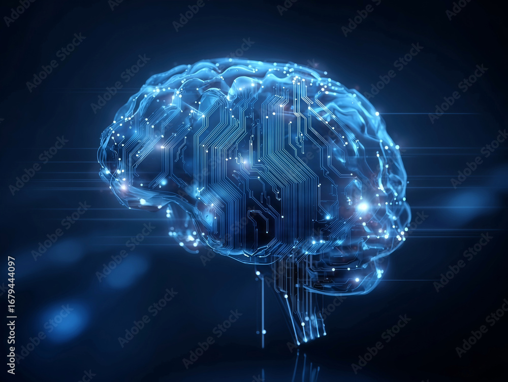 Aufkleber futuristic glowing brain made of blue circuits and binary code, symbolizing technology, data process