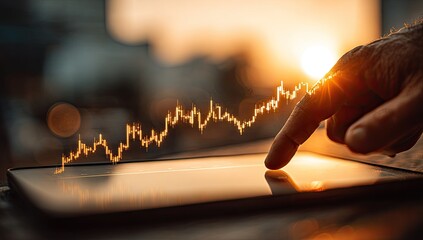 Hand touching stock chart on tablet at sunset