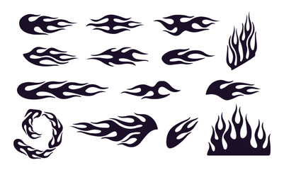 Flame decal. Fire abstract black silhouette flames for race car or tattoo. Tribal flame hotrod car vinyl decals and motorcycle airbrush stencil. Burning element vector illustration eps file.