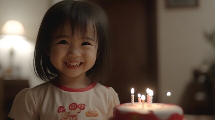 Happy Little Girl Birthday Cake Candles Smiling