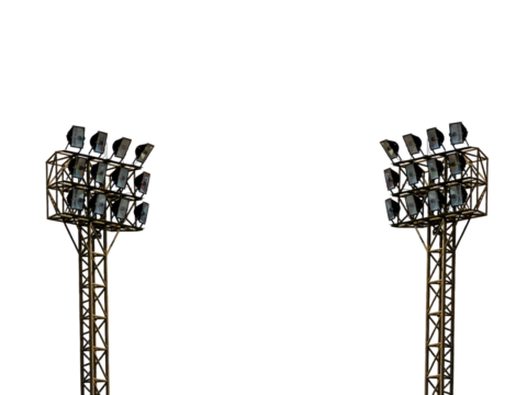 Large spotlights used in sports stadiums on a white background.