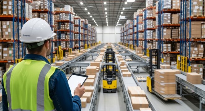 Warehouse worker using tablet for inventory management