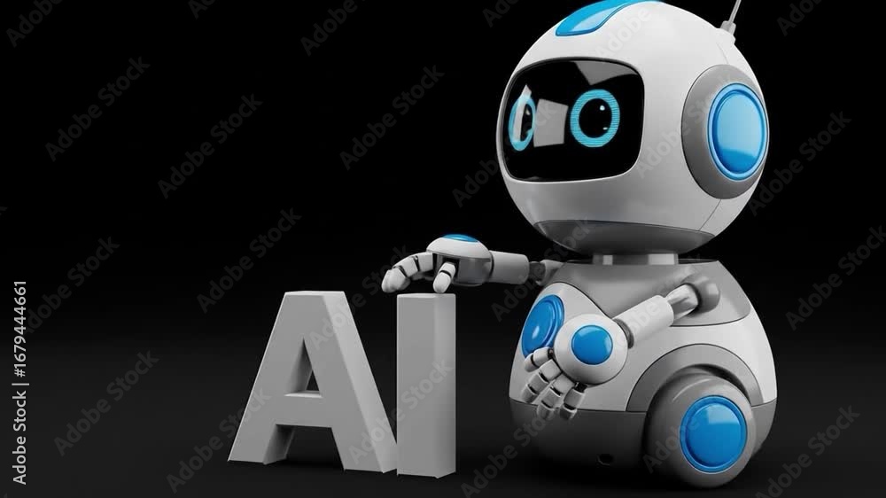 Poster cute robot with ai letters on black background artificial intelligence