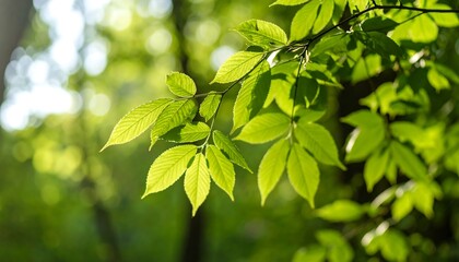 Bright sunlight illuminates fresh green leaves on a branch, blurred background