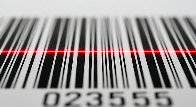 Close-up view of a red laser scanning a black and white barcode with numbers below, representing retail and product identification