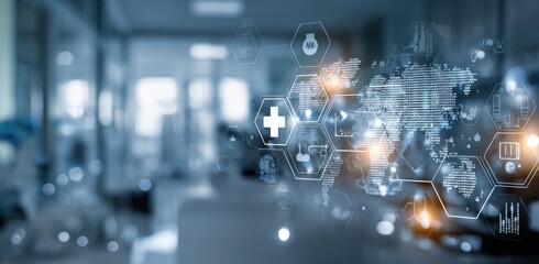 Global healthcare technology overlaid on a blurred medical office