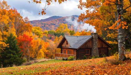 Obraz premium Cozy autumnal rustic log cabin in the mountains with a chimney
