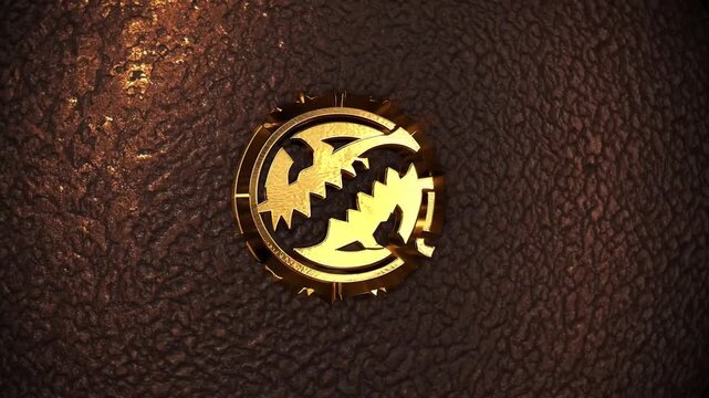 Gilded abrasion emblem depicting large carnivorous animal on dark oxidized abstract backdrop