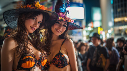 ハロウィンパーティーを夜の街で楽しむ女性